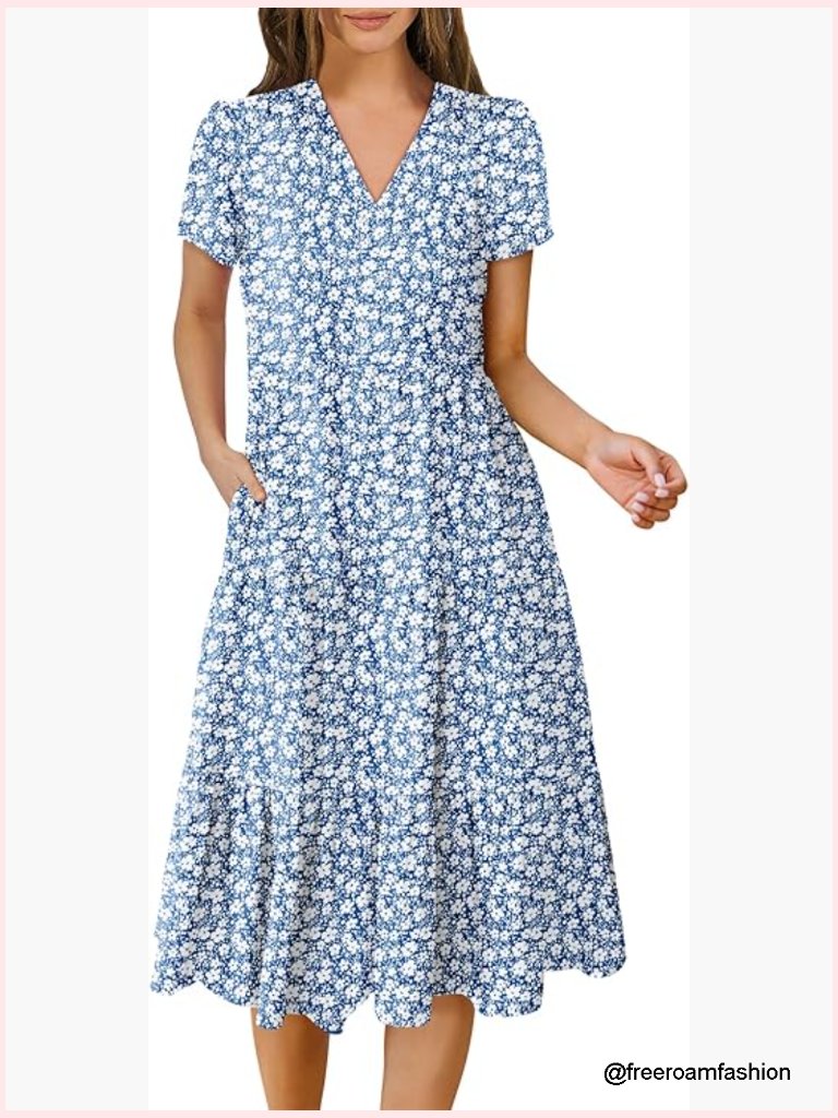 Summer Casual V Neck Midi Dress Flowy A-Line Tiered Boho Beach